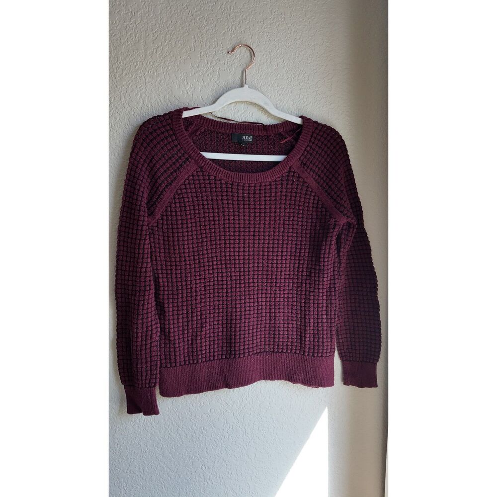 A.N.A. Burgundy Waffle Knit Sweater Medium Textured Crewneck Pullover